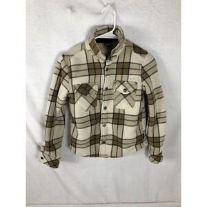 Eddie Bauer Jacket Kids Small 7/8 Beige Brown Plaid Sherpa Fleece Button Up Coat
